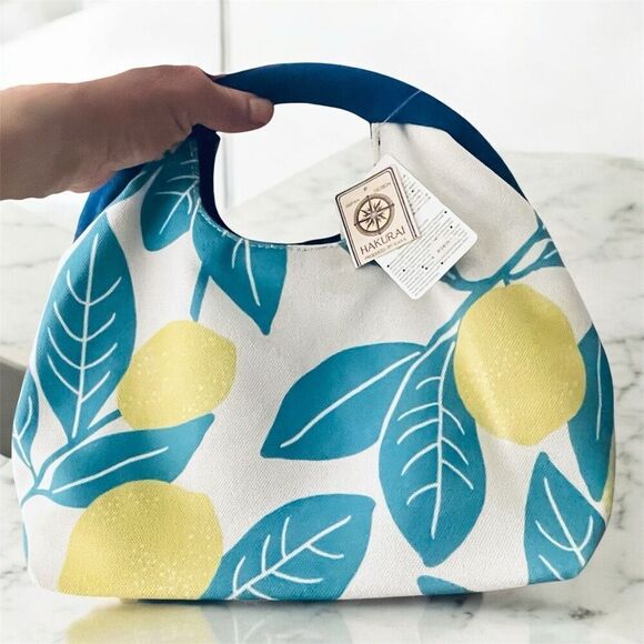 NWT Hakurai Off White Canvas Lemons & Leaves print  Gamaguchi clasped handle Bag - Picture 1 of 12